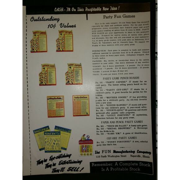 Vintage 1950's Fun Manufacturing Co Advertising Sales Sheet Naperville IL NOS - Picture 2 of 6
